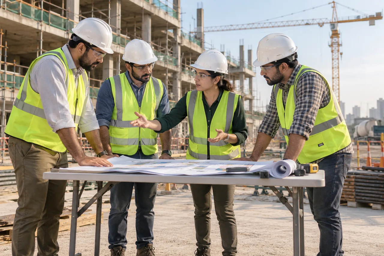 Illustrative civil engineers reviewing construction plans at a building site