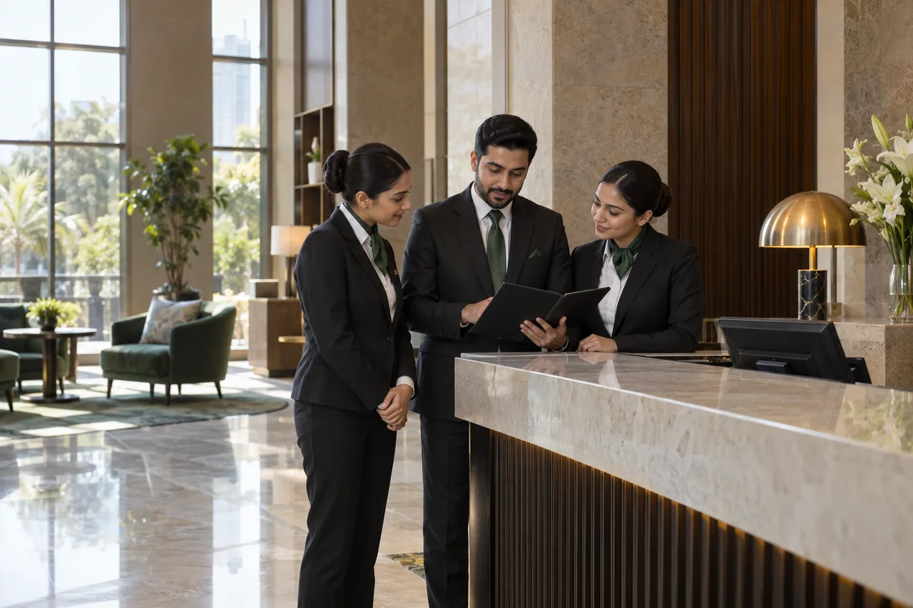 Illustrative hotel front-desk and guest-service professionals