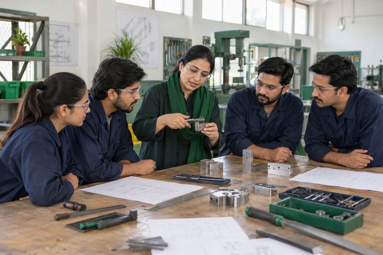 Illustrative trainer helping a team develop practical workplace skills