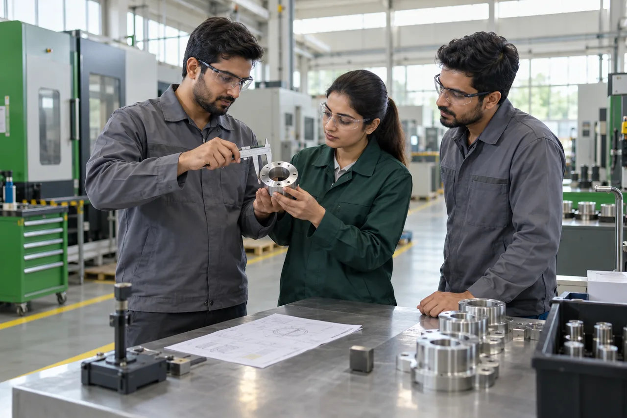 Illustrative production and quality professionals on a factory floor