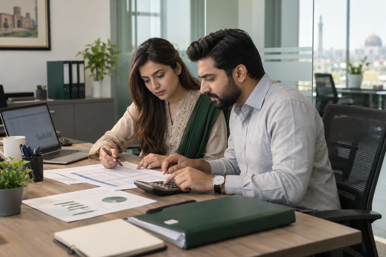 Illustrative HR and finance professionals reviewing payroll information