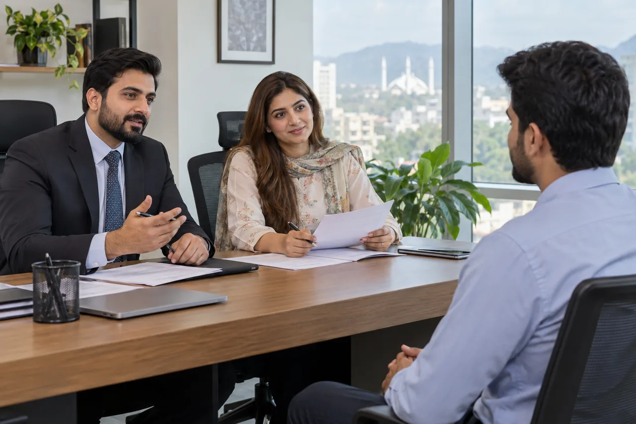 Illustrative consultants interviewing a candidate in an office